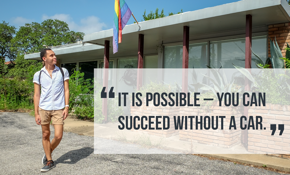 Juan outside his work with rainbow flag above, quote overlay says "It is possible - you can succeed without a car."