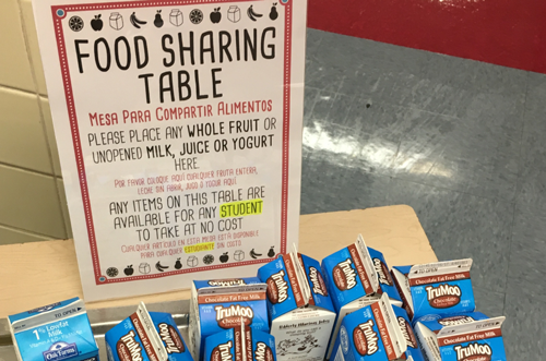Table with a sign on it that reads "Food Sharing Table" There are school milks on the table.