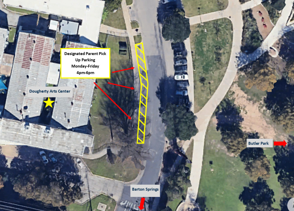 An image depicting where parent pick up is located at the Dougherty Arts Center with the text 'Designated Parent Pick Up Parking Monday - Friday 4pm-6pm'